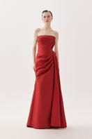 Elegant Tarık Ediz Madrona wine-colored gown with flowing fabric and intricate detailing, perfect for formal occasions.