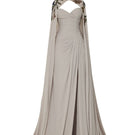 Tarık Ediz Gertie Mink gown displayed on ghost mannequin, showcasing elegant front view with flowing fabric and sophisticated design.
