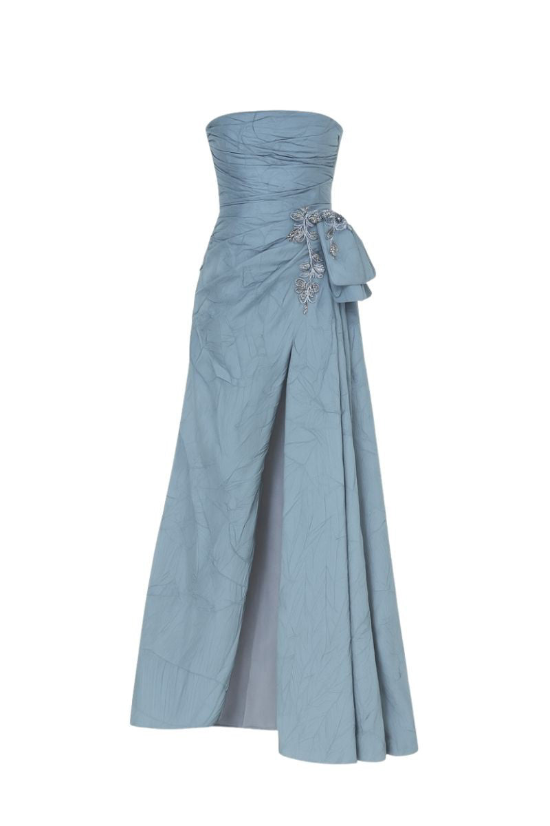 Tarık Ediz Marlow gown in Blue Haze, elegant evening dress with intricate details and flowing fabric, ideal for formal occasions.