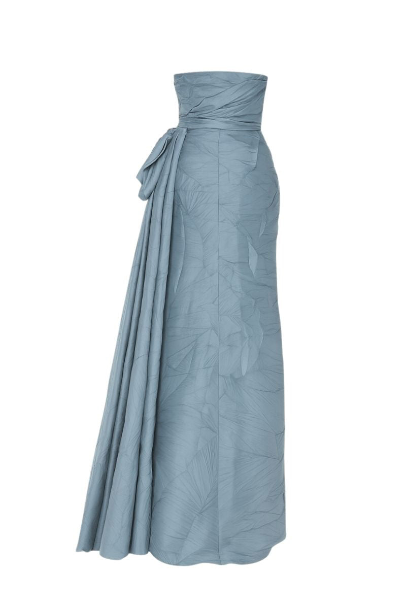 Tarık Ediz Marlow gown in Blue Haze with elegant flowing fabric and intricate detailing, perfect for formal occasions.