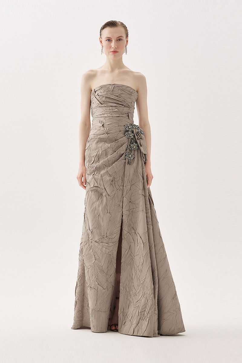 Elegant Tarık Ediz Marlow gown in mink with flowing fabric and sophisticated design, perfect for formal occasions.