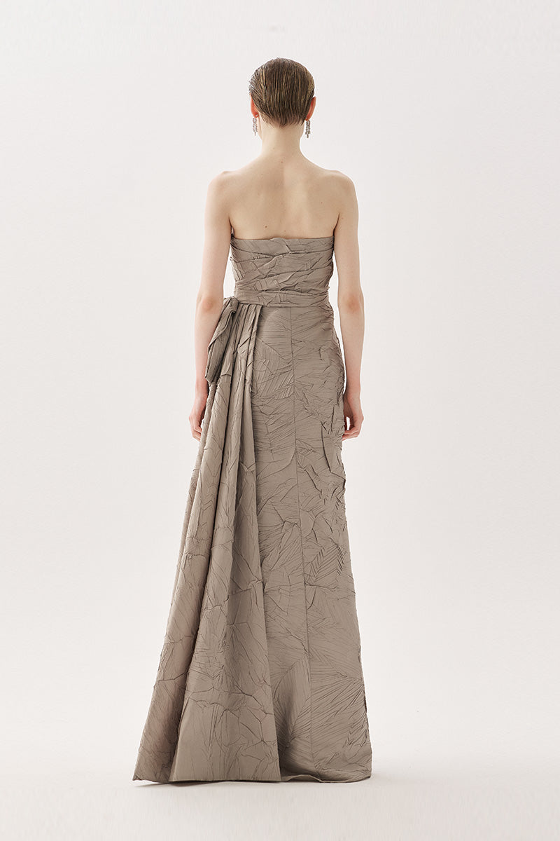 Elegant Tarık Ediz Marlow gown in mink fabric featuring a flowing design and sophisticated style, perfect for formal occasions.