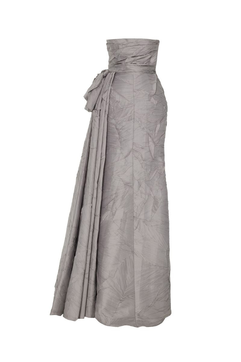 Elegant Marlow gown in mink color by Tarık Ediz, featuring a flowing silhouette and sophisticated design.