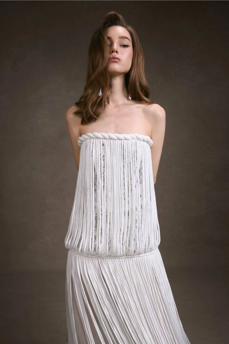 Keira Tong fringe lace corset maxi dress featuring intricate lace details and flowing silhouette.