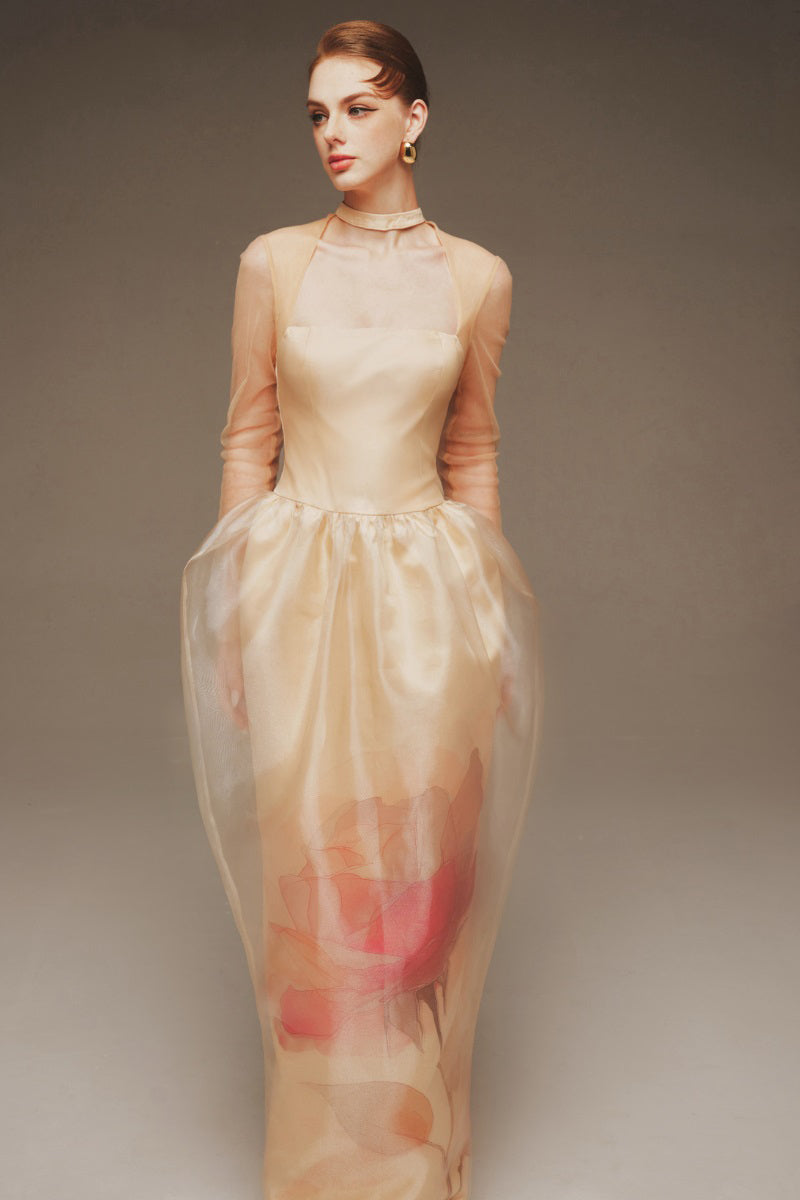 Margée Atelier peony bloom organza maxi dress featuring flowing fabric and elegant design, perfect for formal occasions.