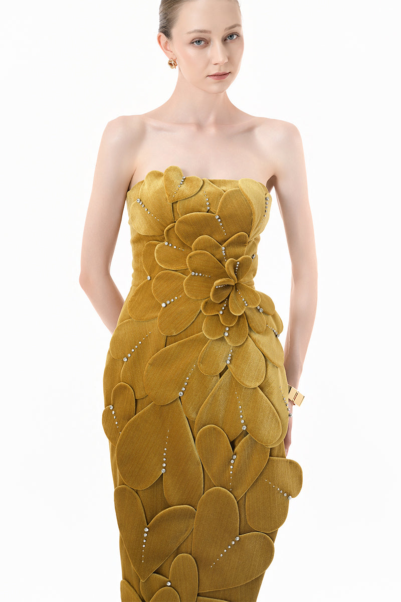 Elegant chartreuse gold velvet strapless gown with 3D petal detailing by Happy Clothing, showcased on a model.