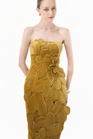 Elegant chartreuse gold velvet strapless gown with 3D petal detailing by Happy Clothing, showcased on a model.