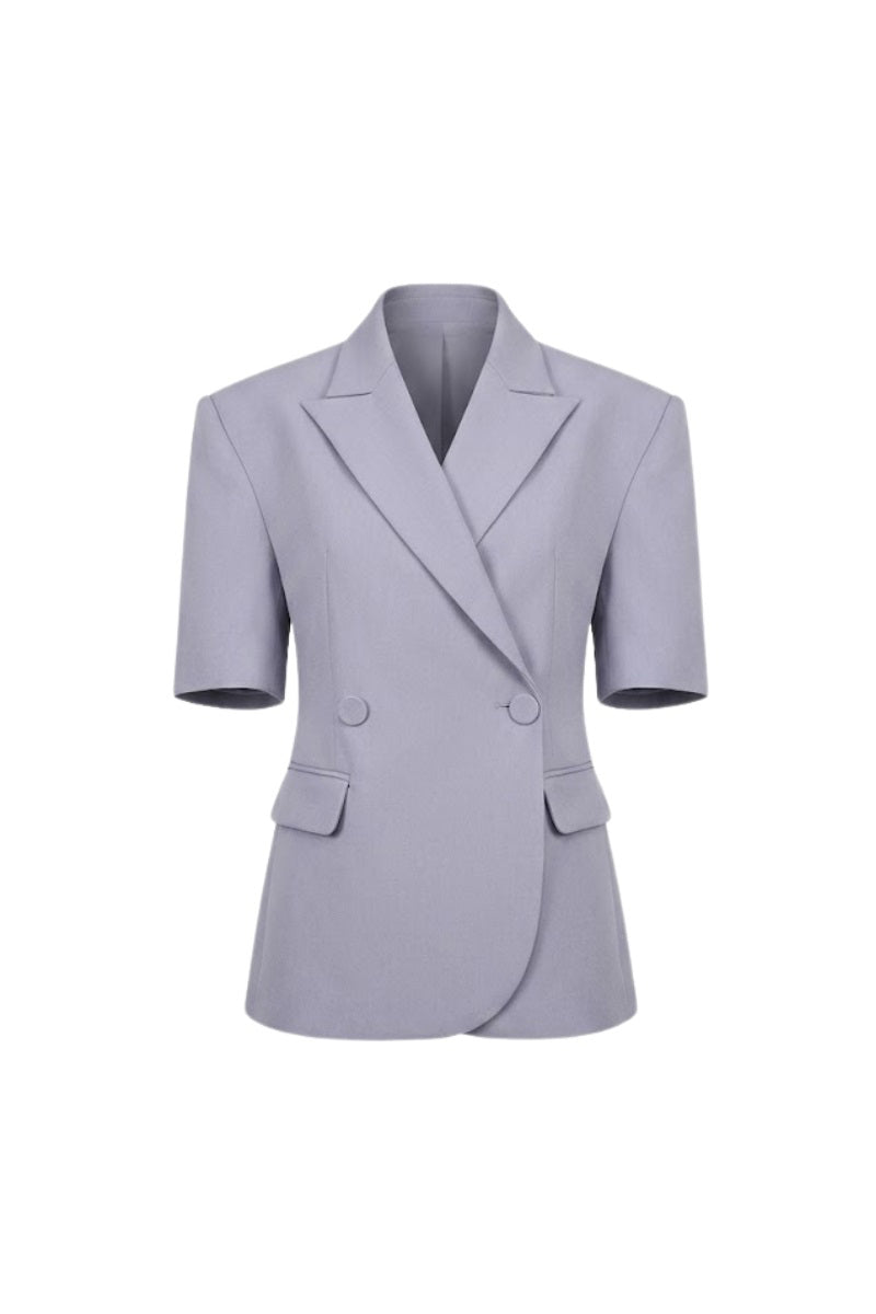 Grey short-sleeve blazer by Keira Tong, tailored fit, with lapels and front buttons, displayed on a hanger.