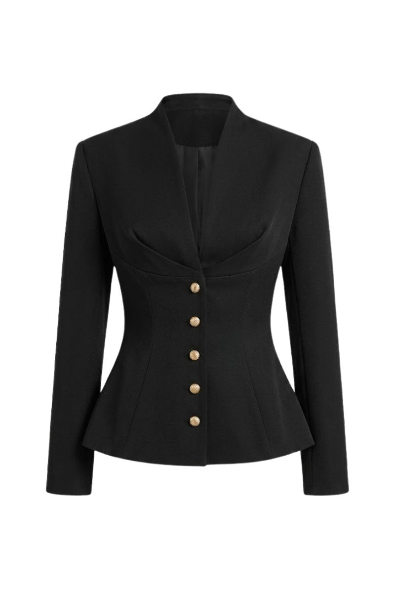 Black folded button top by Keira Tong, featuring a stylish design with folded details and button accents.