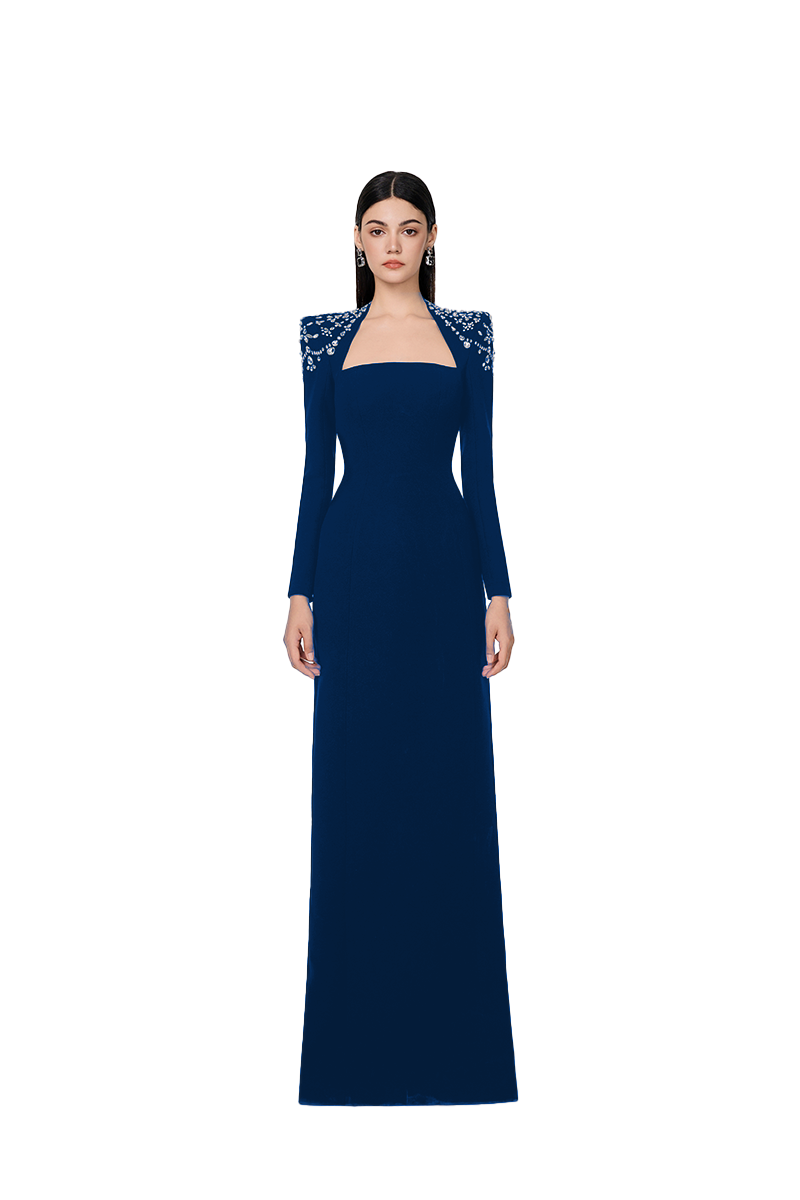 NAVY BLUE LONG SLEEVE TRAPEZOID NECKLINE BODYCON FULL DRESS | CULT MIA | Tracy Studio NAVY BLUE LONG SLEEVE TRAPEZOID NECKLINE BODYCON FULL DRESS | CULT MIA | Tracy Studio