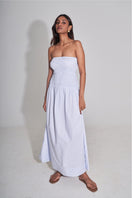 Summer Away Provence Dress in ice blue maxi dress with flowing fabric and elegant design, perfect for summer wear.