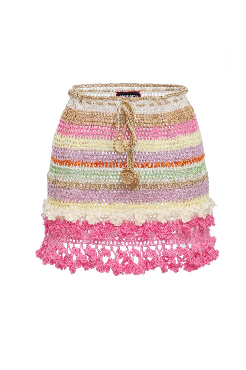 Colorful handmade crochet mini skirt by Andreeva featuring multicolor yarn, fitted waistband, and intricate stitch details.