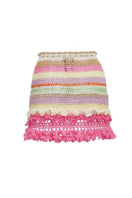 Multicolor handmade crochet mini skirt by Andreeva featuring intricate patterns and vibrant hues.