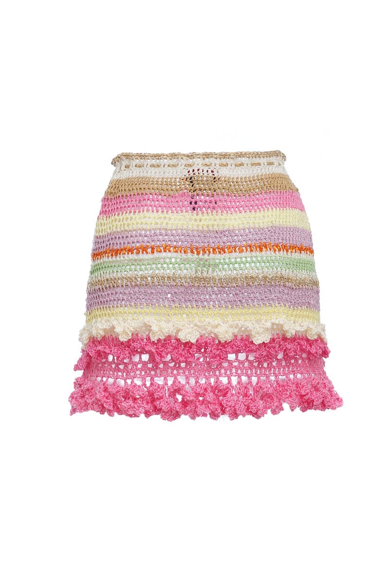 Multicolor handmade crochet mini skirt by Andreeva featuring intricate patterns and vibrant hues.