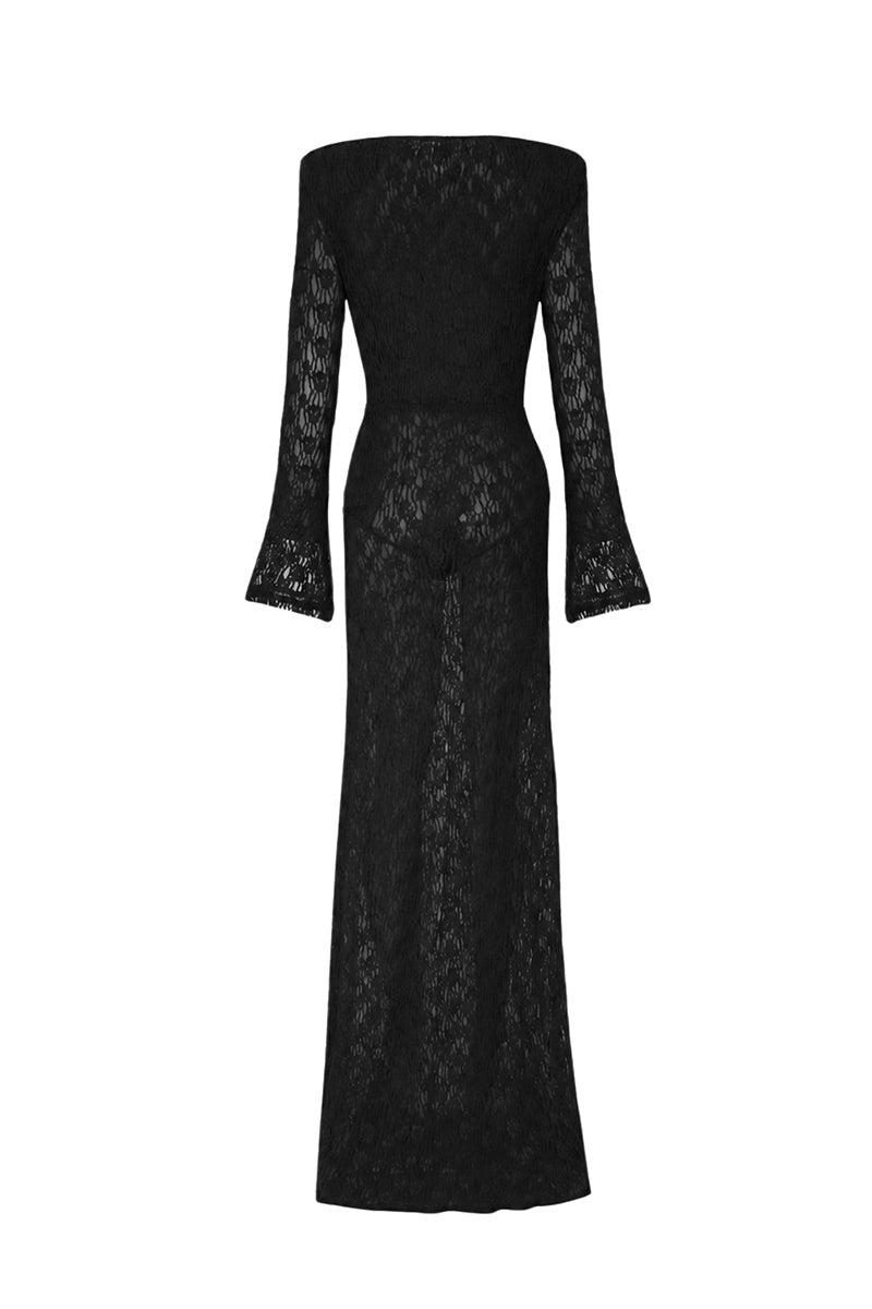 Black long-sleeved maxi dress by AWAVE featuring a flowing silhouette and elegant design, shown on a mannequin.