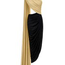 Black and gold AWAVE midi dress with detailed draped design, elegant midi-length style, perfect for formal or evening wear.