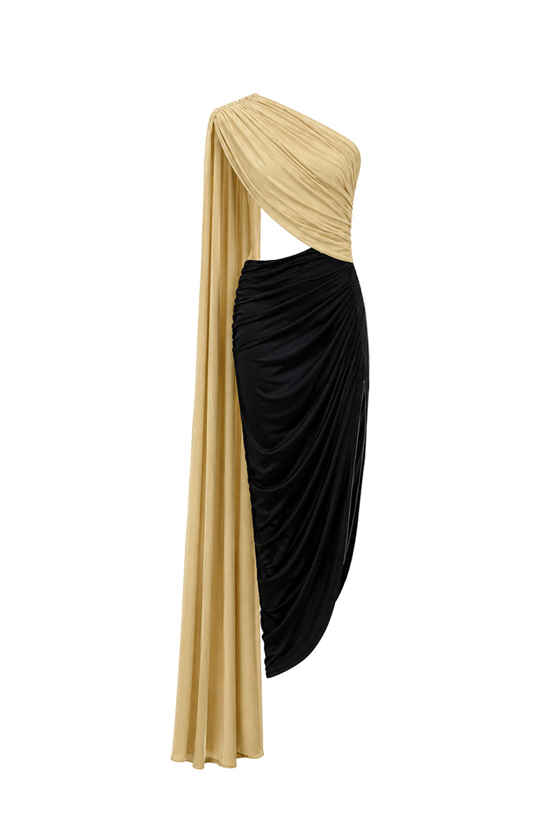 Black and gold AWAVE midi dress with detailed draped design, elegant midi-length style, perfect for formal or evening wear.