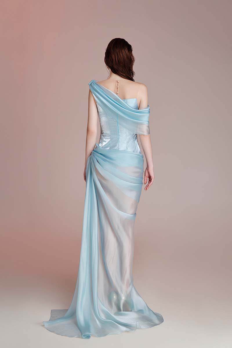 blue maxi dress designer Faustine Blue Cape Design Ruched Maxi Dress, M / Blue