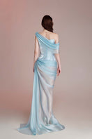 Do Long Celestial Stream Blue gown with flowing fabric and elegant design, showcased on a model.