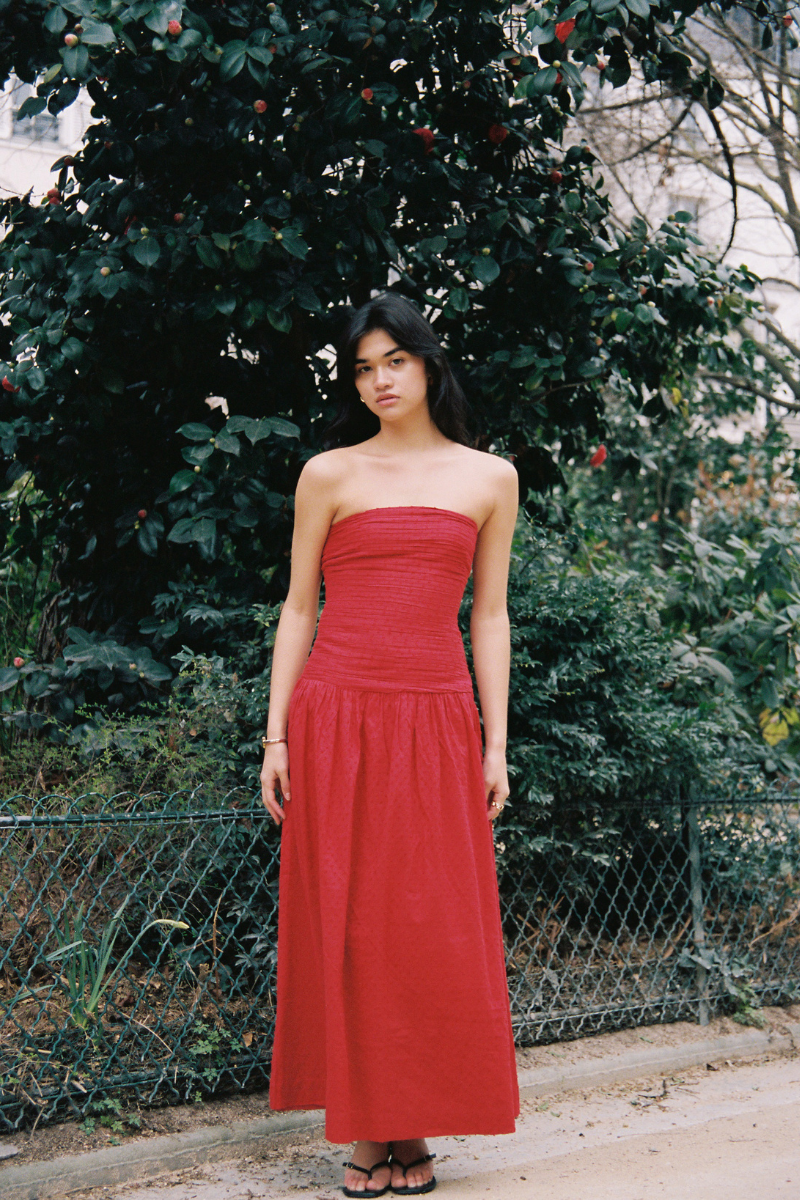 Summer Away Florence maxi dress in cherry with flowing fabric and sleeveless design, perfect for summer occasions.
