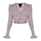 Lalo Sirena pink cardigan with long sleeves and button front, soft knit fabric, displayed on a hanger against a neutral background.