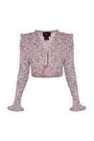Lalo Sirena pink cardigan with long sleeves and button front, soft knit fabric, displayed on a hanger against a neutral background.