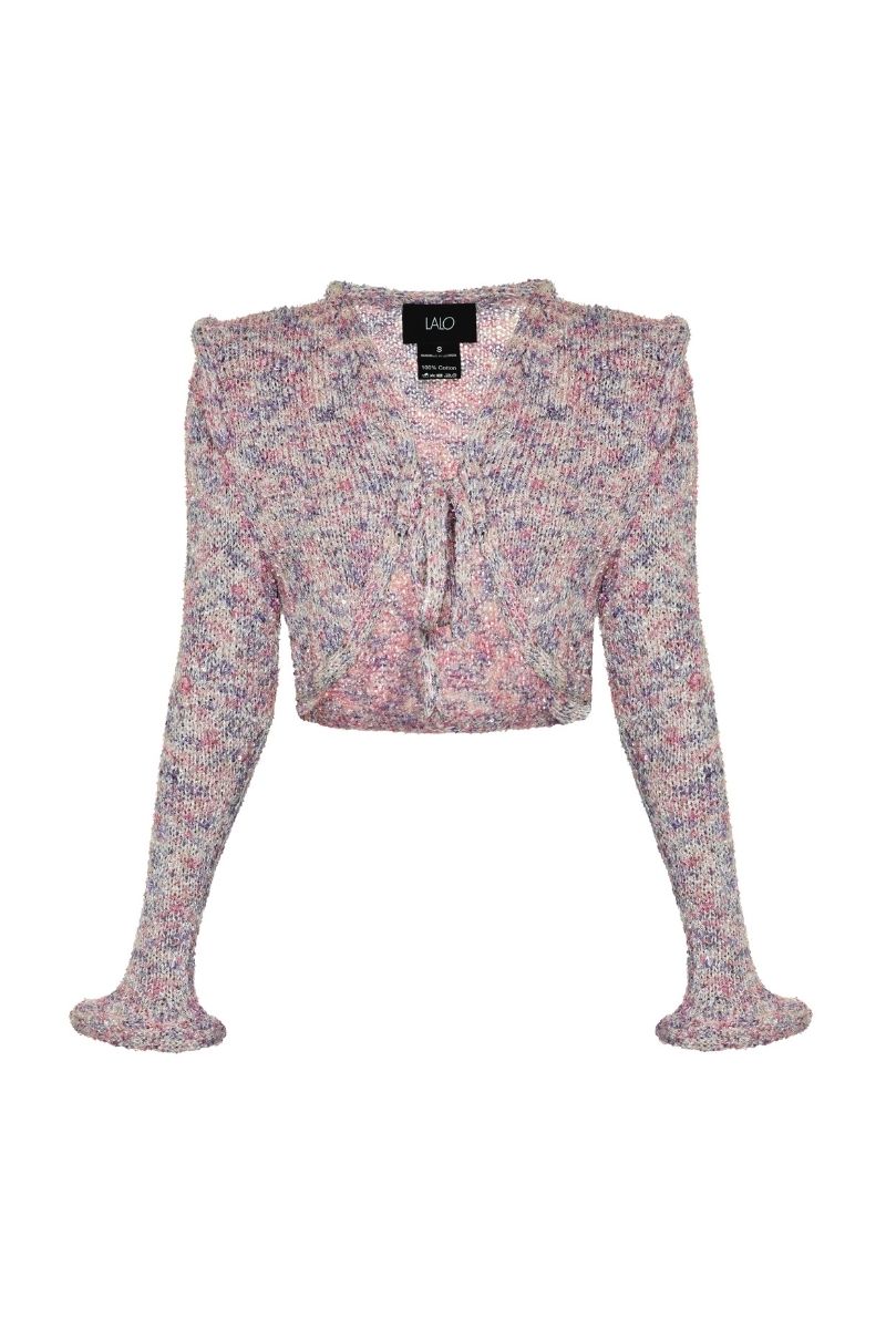 Lalo Sirena pink cardigan with long sleeves and button front, soft knit fabric, displayed on a hanger against a neutral background.