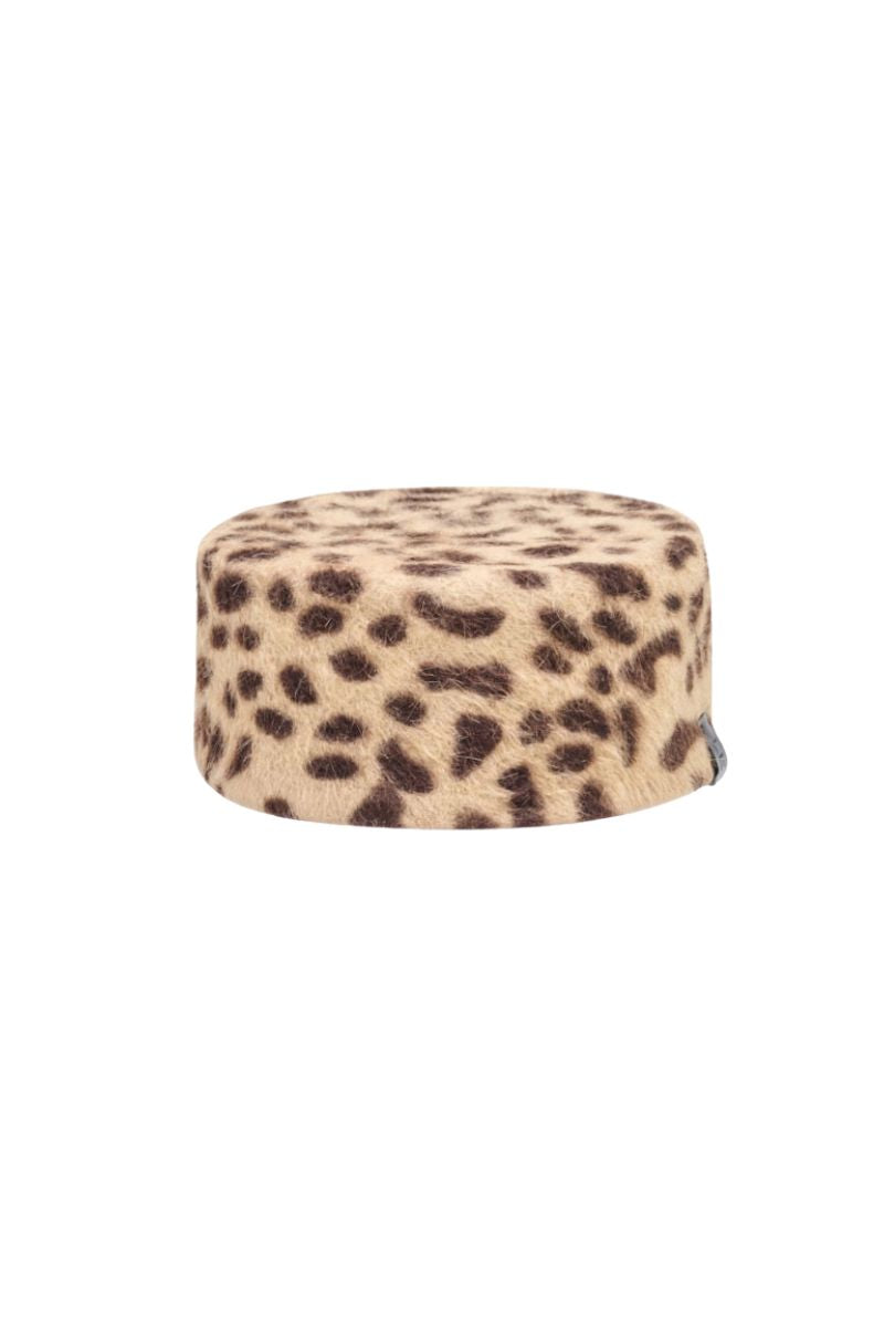 Le Sh Ka animal print pillbox hat with a rounded crown and small brim, featuring a bold animal pattern for stylish accessory.