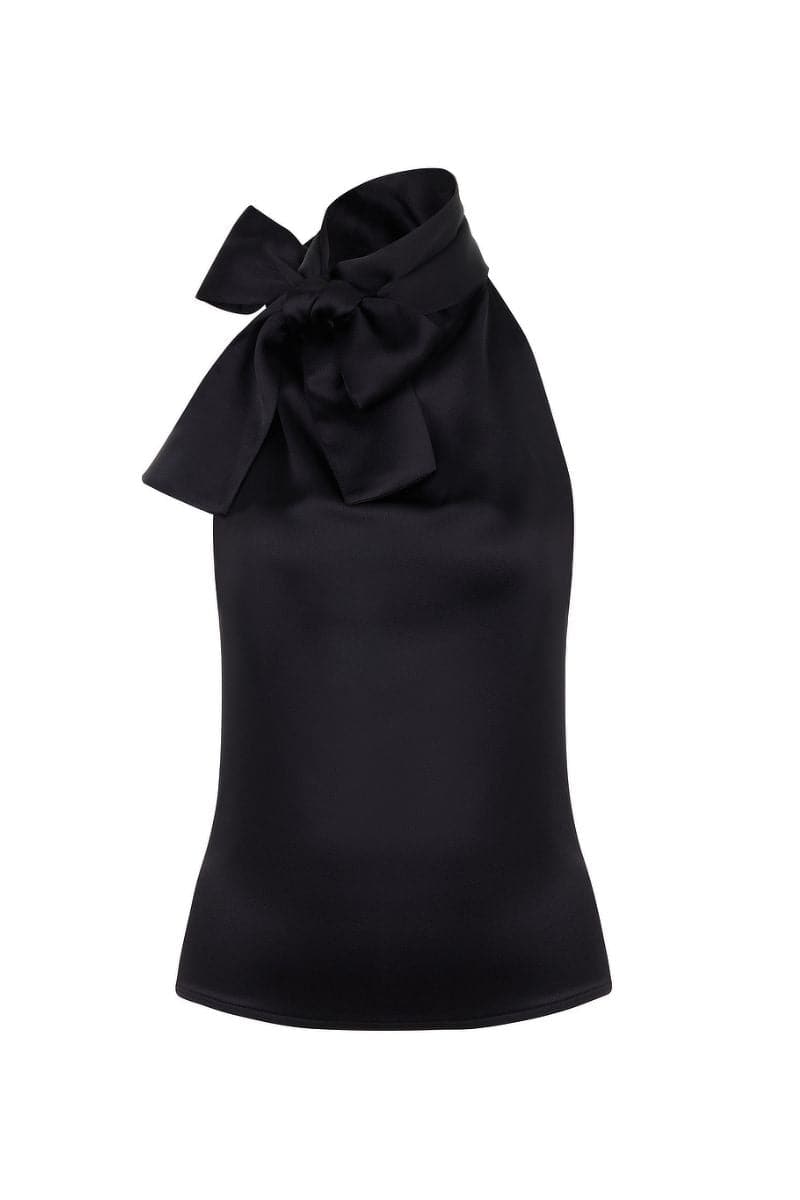 Mirel Prentice satin tie-neck open back top with long sleeves and elegant drape, stylish and sophisticated women's fashion top.