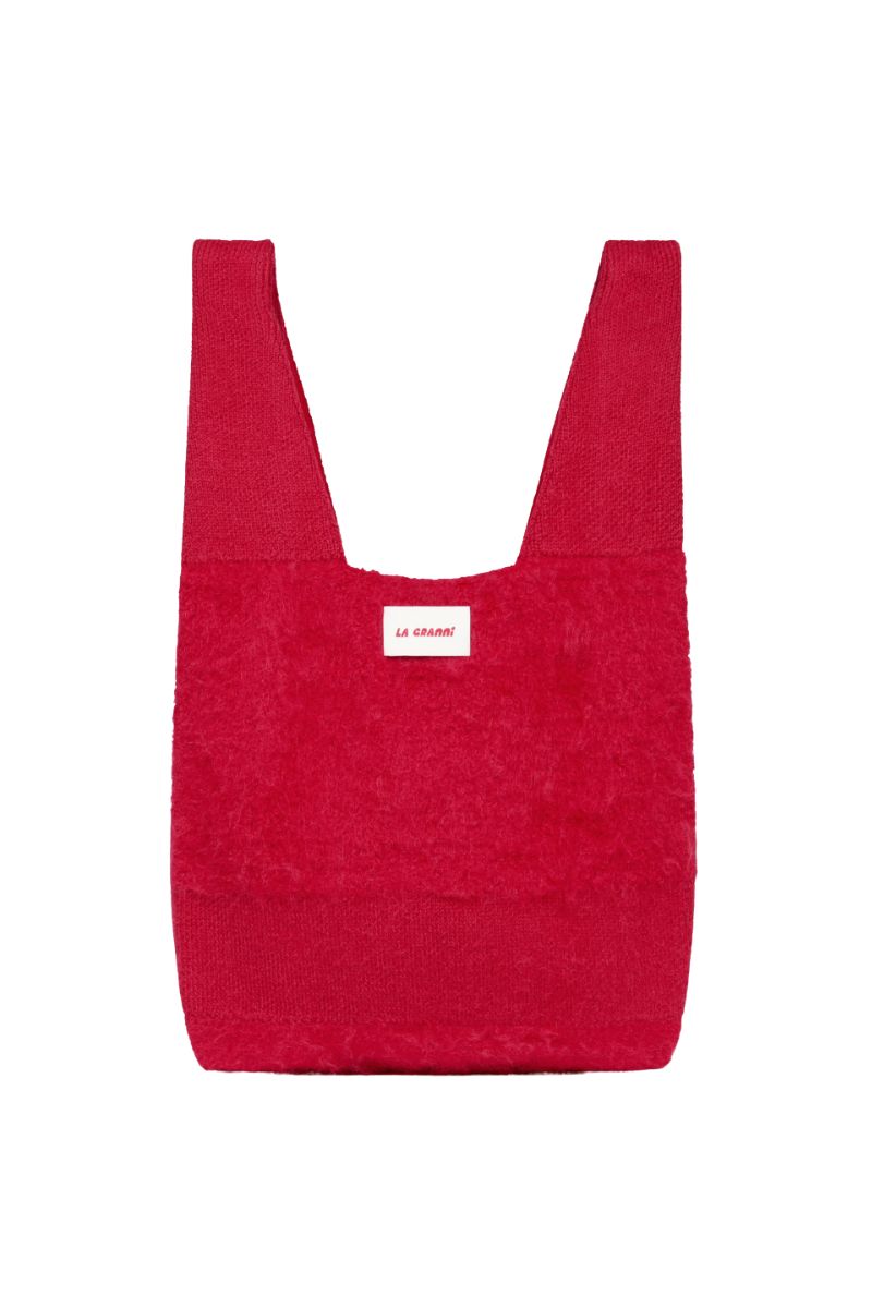 Red two-tone La Granni shoulder tote bag with sturdy handles and spacious interior, shown from the front.