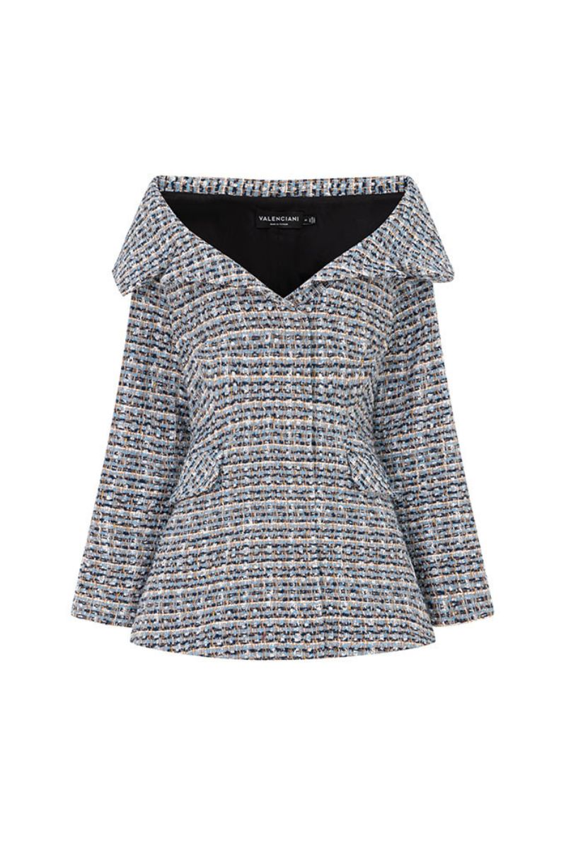 Valenciani off-shoulder multicolor jacket with long sleeves, stylish casual outerwear for women, shown on a hanger.