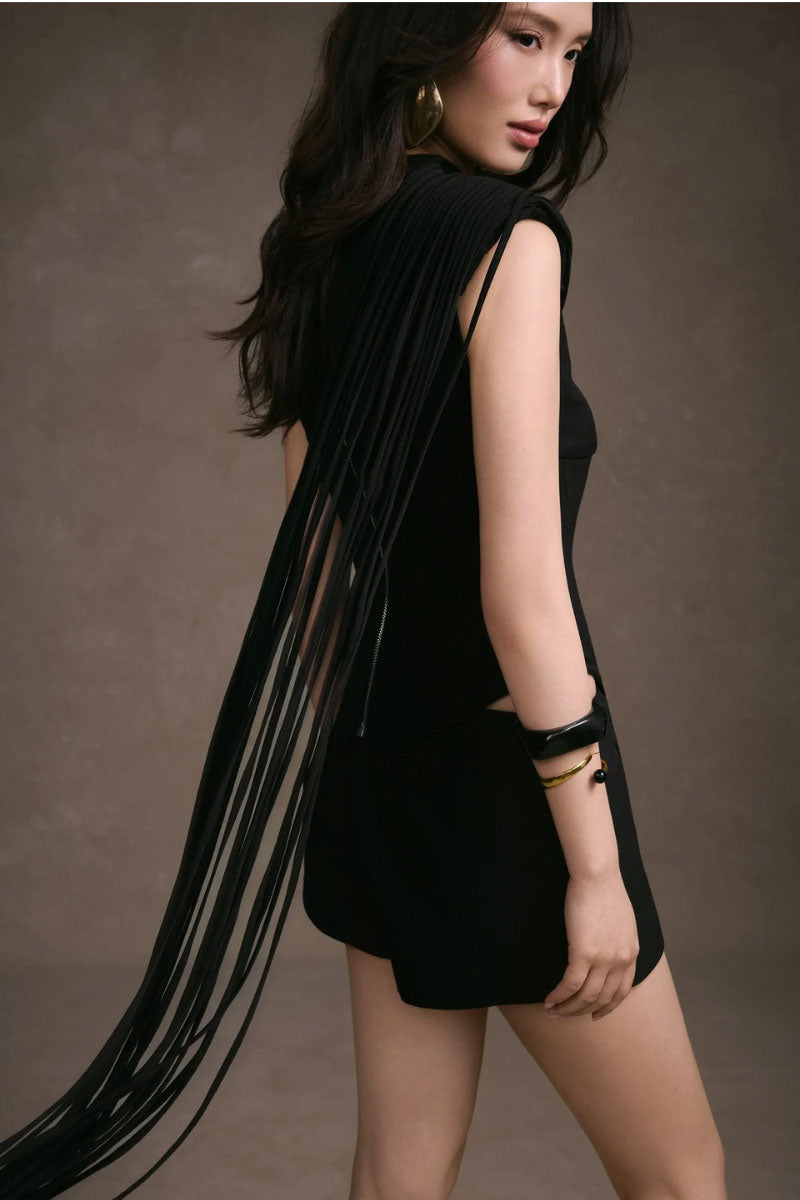 Black KEIRA TONG fringe corset top with layered fringe details, sleeveless design, and fitted silhouette.