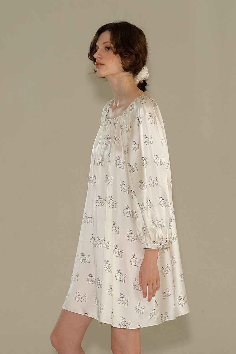 DIAMOND POODLES WHITE SILK PUFF SLEEVE DRESS - CULT MIA