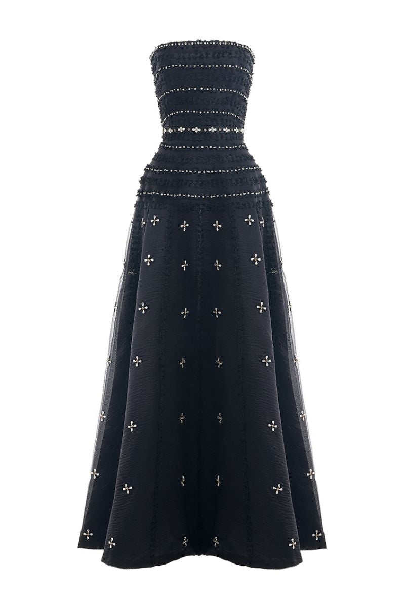 Black CULT MIA X HAPPY CLOTHING strapless gown with stone organza fabric, featuring a tiered design and elegant silhouette.
