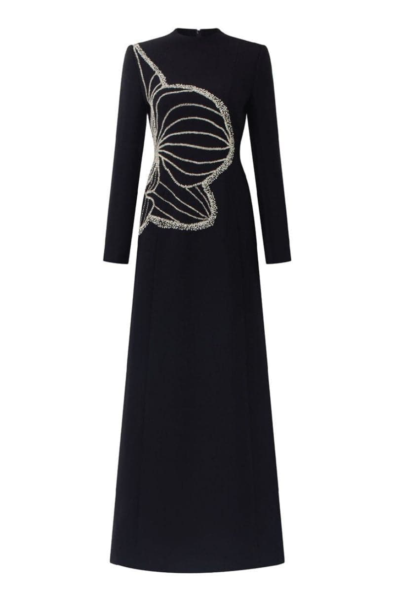 BLACK HIGH NECK ORCHID EMBELLISHED GOWN - CULT MIA