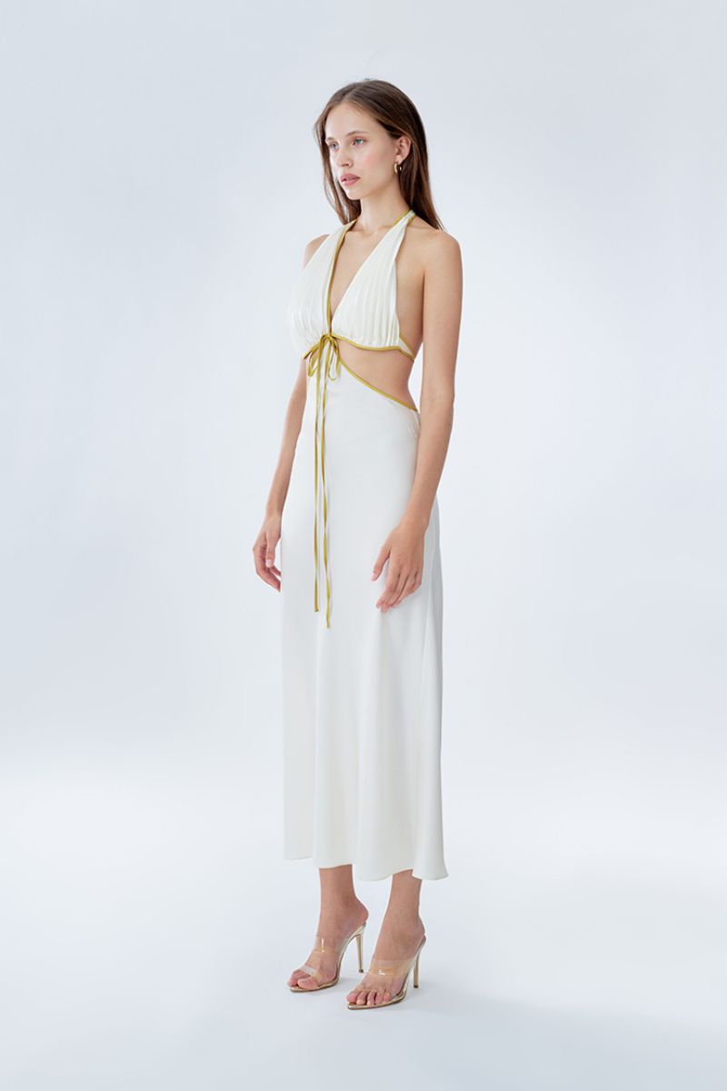 ms pleat cut out dress Andra Blue Pleated Maxi Dress with Cutout Detail