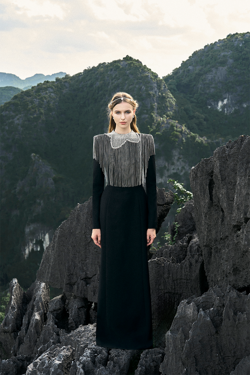 LONG SLEEVE CRYSTAL TASSEL BODYCON FLOOR-LENGTH GOWN - CULT MIA