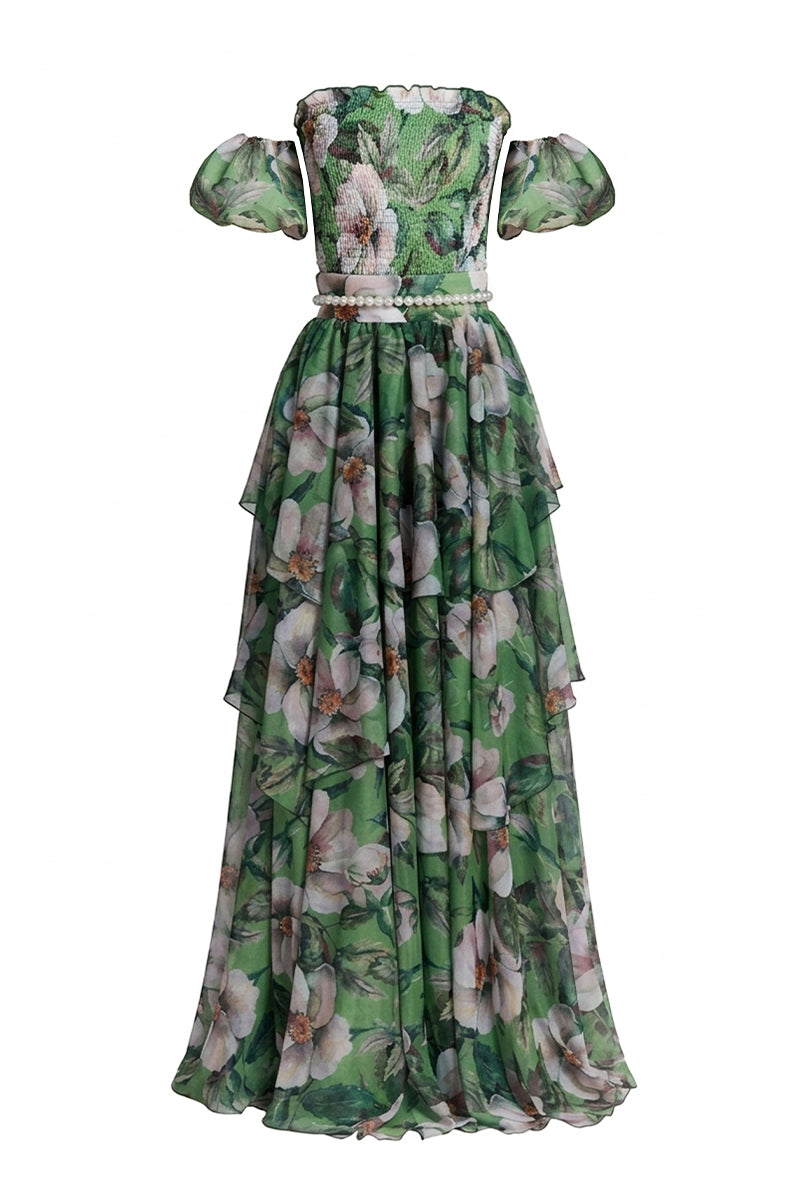 Nur Karaata Provence Poème gown featuring elegant floral embroidery and flowing fabric in a soft, feminine design.