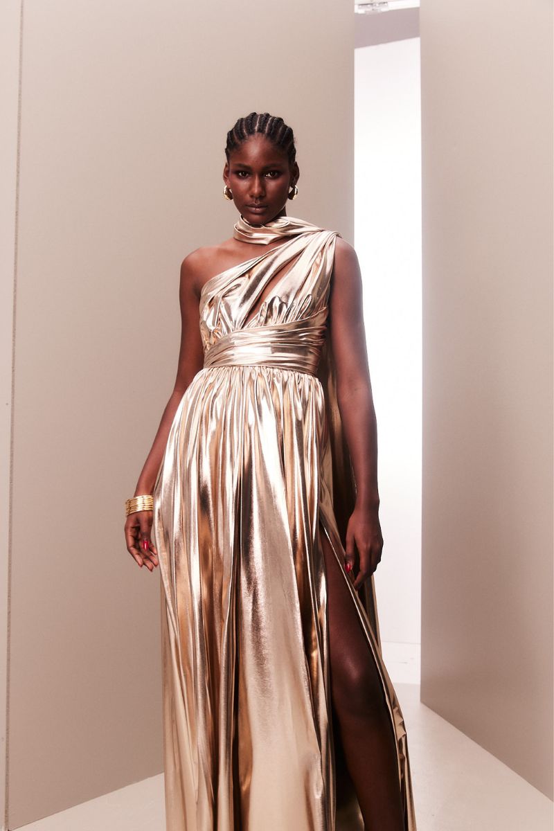ROSE GOLD METALLIC DRAPED ASYMMETRIC GOWN - CULT MIA
