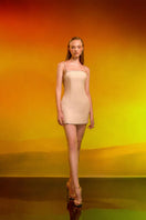 CEM crystal strap mini dress with shimmering embellishments, sleeveless design, fitted silhouette, and stylish neckline.