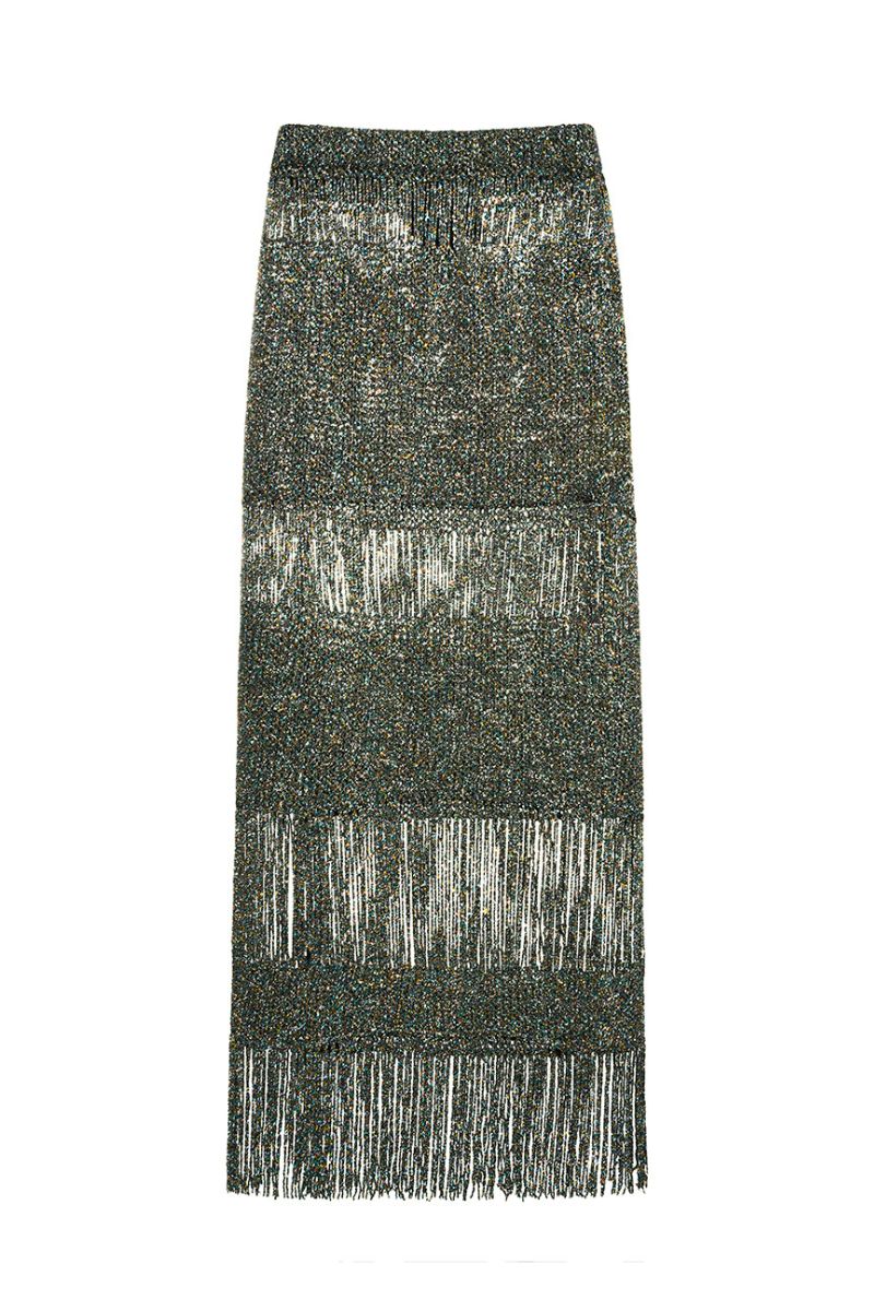 HAND KNIT METALLIC SKIRT WITH EMBELLISHEMENTS