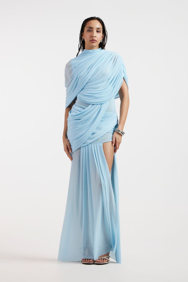 JOVANA DRAPED BLUE MAXI DRESS - CULT MIA