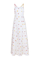 Rainbow cherry tomato maxi dress by Estefania, featuring vibrant colorful cherry tomato pattern and flowing fabric.