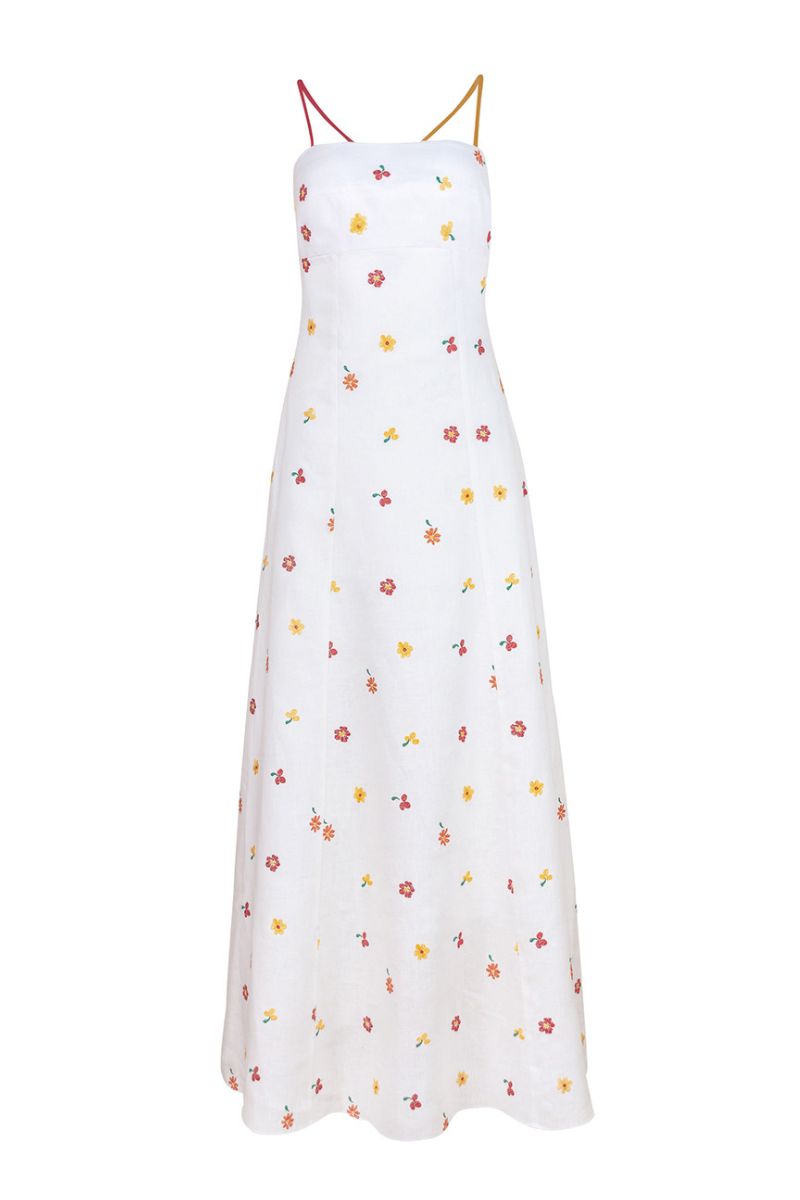 Rainbow cherry tomato maxi dress by Estefania, featuring vibrant colorful cherry tomato pattern and flowing fabric.