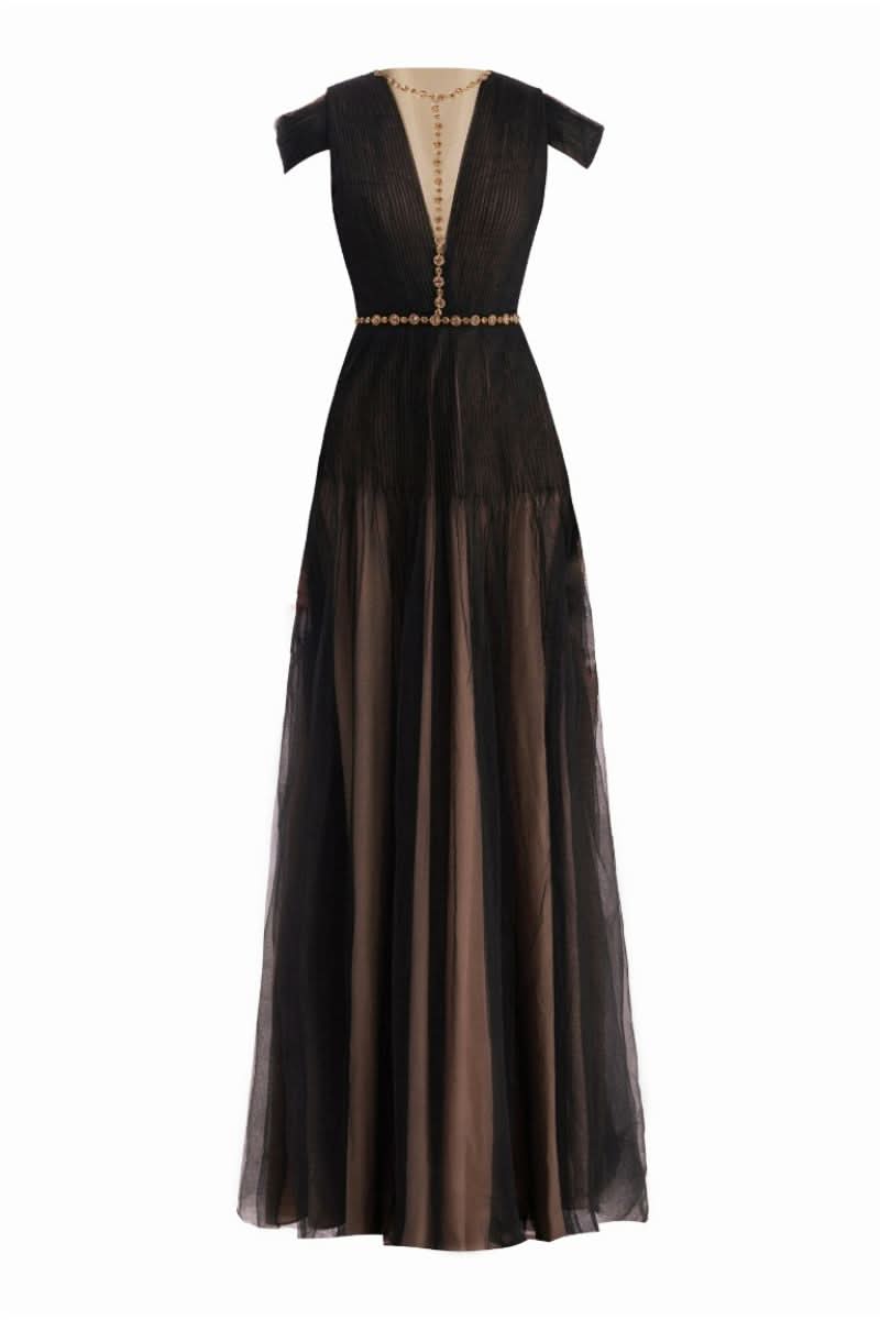 BLACK PLEATED PUFFY SLEEVED MESH MAXI DRESS - CULT MIA