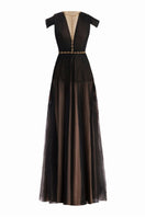 Black pleated puffy-sleeved mesh maxi dress by Happy Clothing, featuring a flowy silhouette and stylish design.