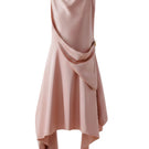 Rose pink draped asymmetric sleeveless midi dress by DOC BAN, featuring elegant flowing fabric and a stylish modern silhouette.