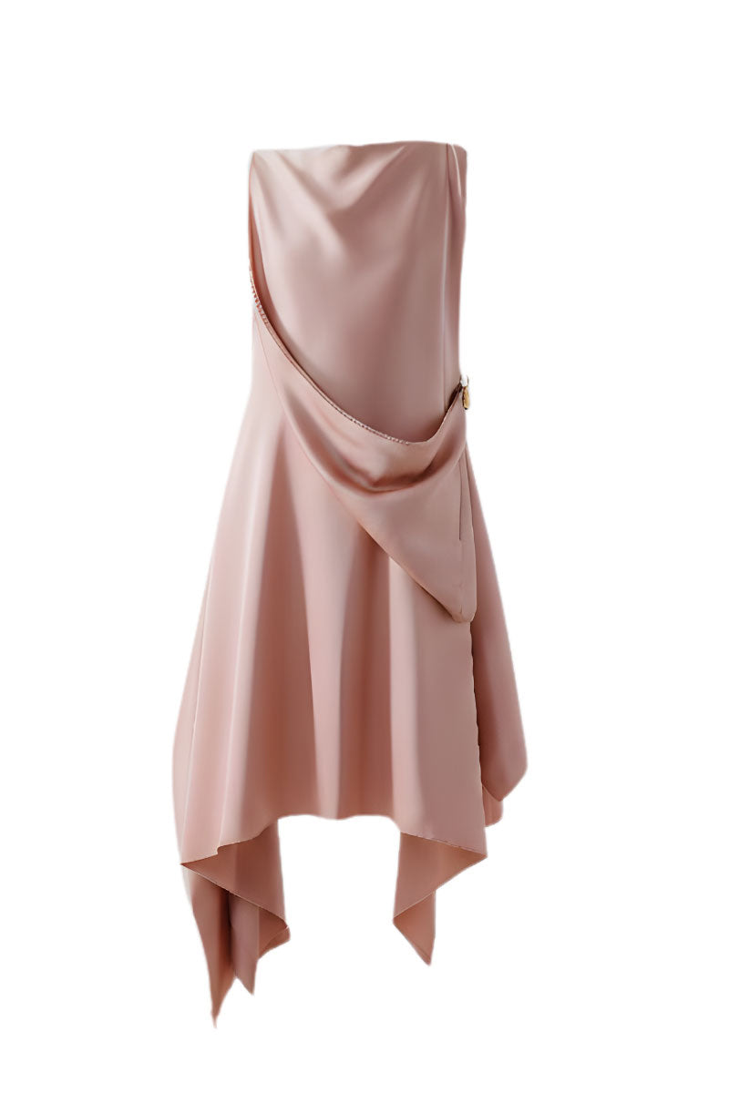 Rose pink draped asymmetric sleeveless midi dress by DOC BAN, featuring elegant flowy fabric and stylish design.