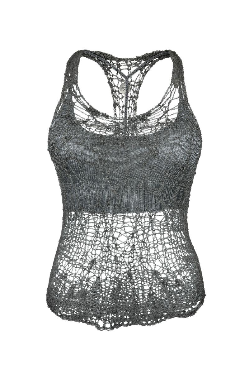 Gunmetal chain spiderweb racerback top with built-in bralette by Natalia Fedner, showing intricate chain details and sleek design.