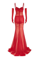 Red chiffon halter maxi dress by CEM featuring flowing fabric and elegant design, perfect for formal occasions.